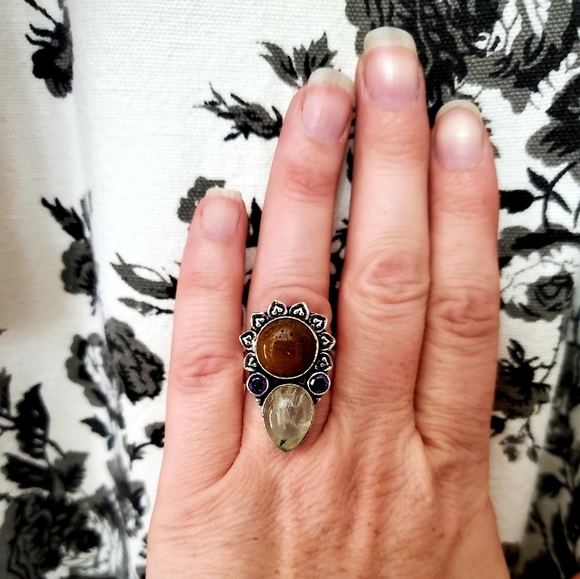 New Golden Rutile, Tiger Eye and Amethyst 925 Silver Ring. - Picture 3 of 9